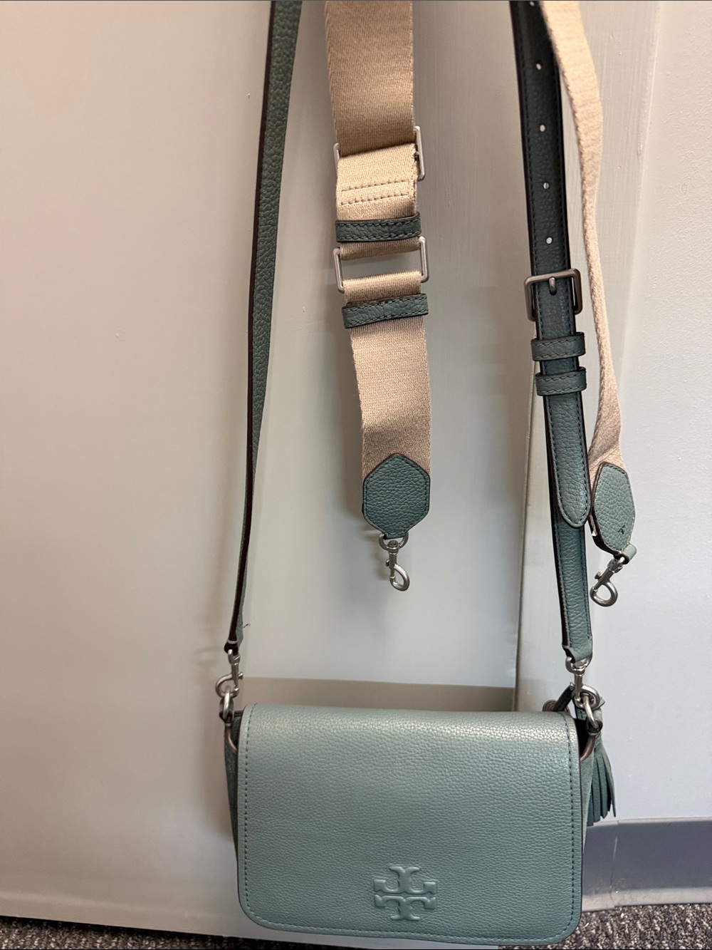 Tory Burch Sage Green Leather Kira Crossbody with Beige Strap
